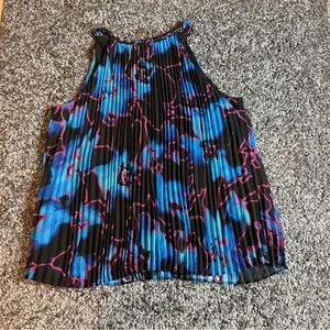 Pleated Floral Halter Tank in Black, Blue & Magenta